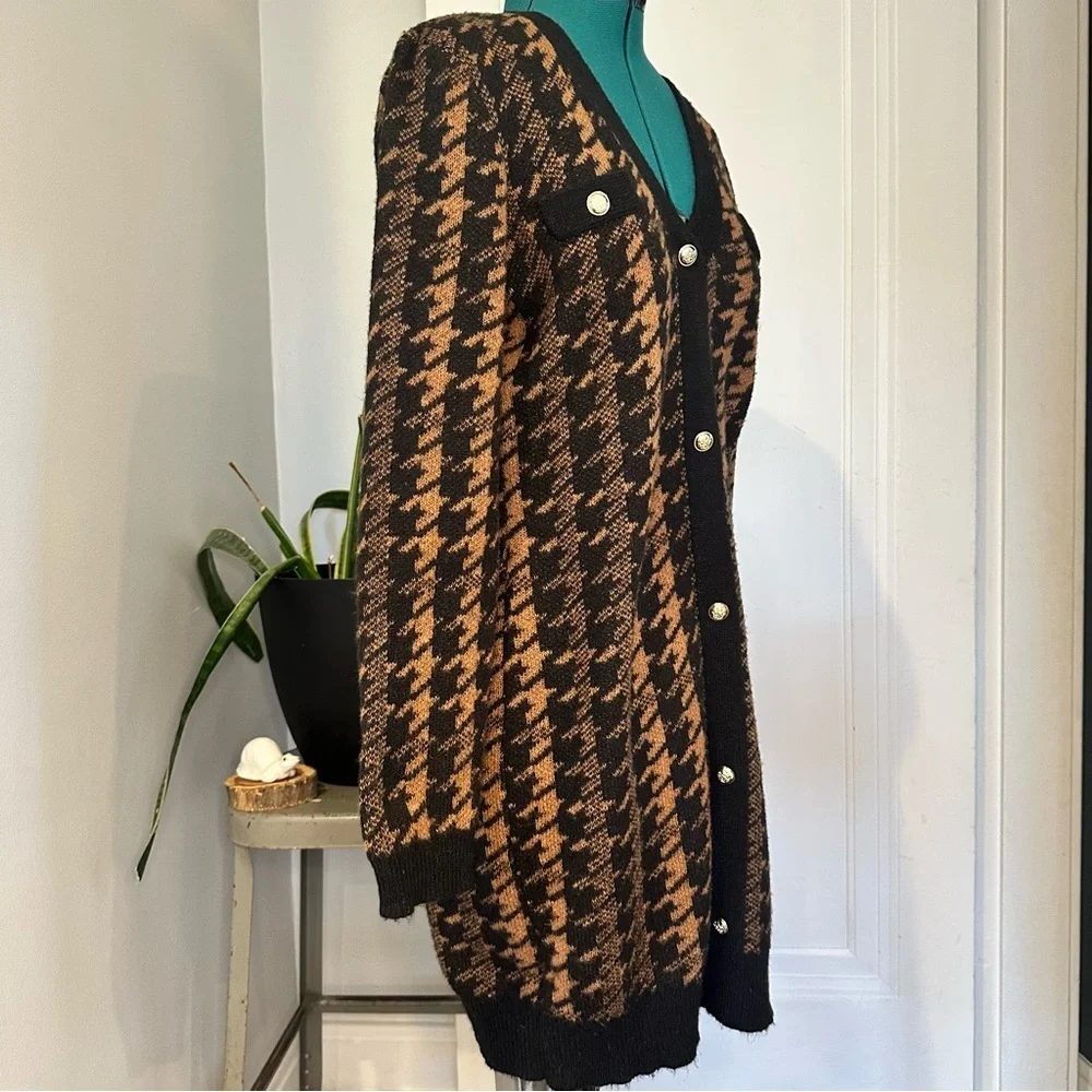 BCX Black and Brown Houndstooth Cardigan Sweater Dress size XL